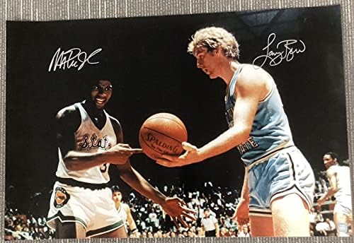Лари Бърд Подписа снимка 20x30 Баскетбол Меджик Джонсън Колеж Автограф КОПИТО JSA - Баскетболни Топки С Автографи