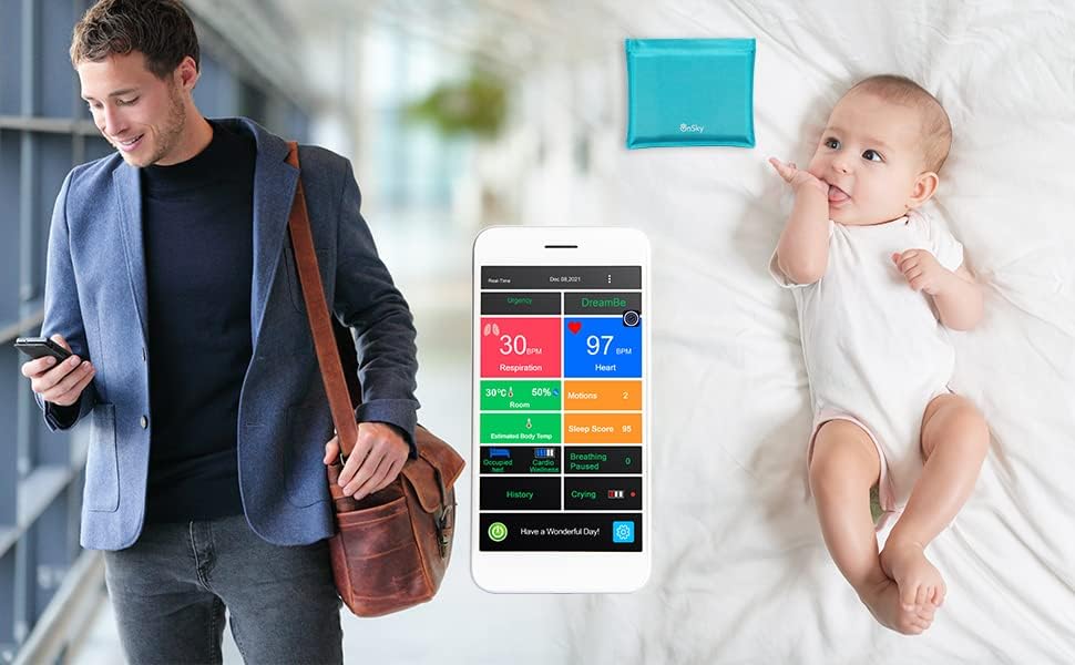 DreamBe-2 Blue от OnSky Безконтактен умен монитор дишане на детето, за проследяване на сърдечната честота и на сън в реално време – Следете бебето си навсякъде и по всяко вр?