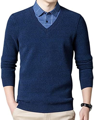 Мъжки Фалшив Пуловер от 2 части, Зимни Дебел, мек вълнен плат Пуловер с V-образно деколте, Тениски с дълъг ръкав и отложным яка, Пуловери, Блузи (тъмно синьо, XX-Large)