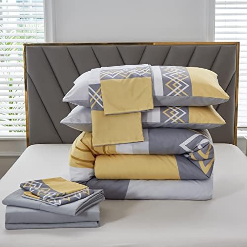 Комплекти, одеяла enuullao в реален размер, Комплекти Спално бельо от 6 теми, Комплект Завивки и Чаршафи в сиво-жълта ивица в стил