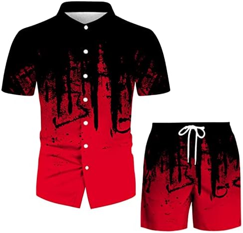 XZHDD/Мъжки Комплекти Хавайски дрехи от 2 теми, Летни Ризи с принтом Пръски Мастило с Къс ръкав и Копчета, Плажни Ежедневни Панталони,