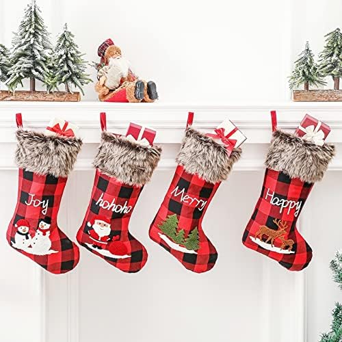 Aufien Коледни Чорапи 4 Опаковки 18Бродирана Руното и Бельо Чул Червен Селска Селска Камина Подвесное Украса за Семейни Бижута Празник 2022 Коледен Подарък