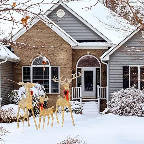 Коледни Семейство Елени YULETIME от 3 теми с предварителна подсветка, Празнична украса за семейството си на Коледа северни Елени с подсветка и 210 Топли бели led светлини (