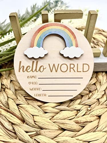 Плака CielShop Здравей, свят | Дървена табела с обявяването за раждане на детето | подарък за детската душа
