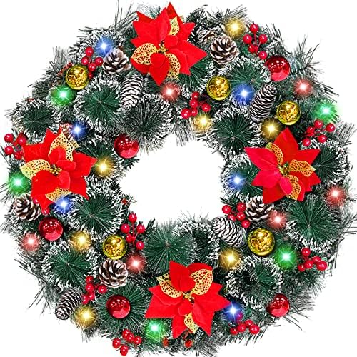 [Таймер и супер голяма дебелина] 26-Инчов Матирано Коледна украса във формата на Венец с 80 Разноцветни електрически крушки, 8 Топки, 4 коледна звезда, 200 Накрайници, 50 П