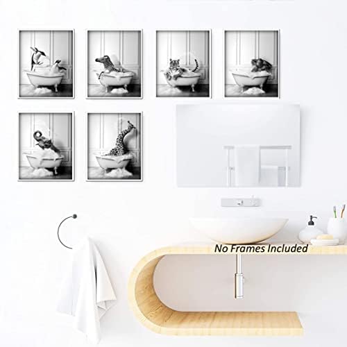 Забавен Интериор за баня на стената – Комплект от 6 елементи без рамки (8 x 10 инча) – декорация за стени за баня, Черно-бял Декор