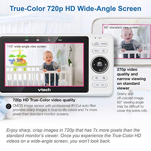 VTech Обновен умен WiFi следи бебето VM901, 5-инчов 720p дисплей, Камера 1080p HD нощно виждане, Напълно дистанционно канче, двупосочен