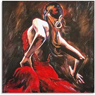 24x24 инча (60х60 см) на Ръчно Рисувани с маслени Бои, Платно Изкуството на Испанска Танцьорка на фламенко в Червена Рокля Илюстрация на Произведение на Изкуството Жена