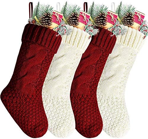 Aicos 4 опаковане на коледни чорапи 18 инча, Коледни Възли чорапи, подарък държачи за чорапи Santa Candy цвят Бордо и цвят на слонова
