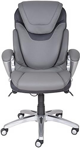 Офис стол за мениджъри Serta AIR Health and Wellness с висока облегалка ергономичен за подкрепа на долната част на гърба, завъртащо се, от естествена кожа, светло сиво