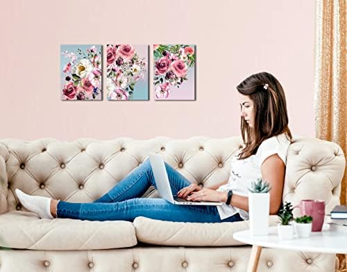 Стенно Изкуство върху Платно с цветя за Спалнята, Жена боядисани стени, Розово-Бели Цветя, Картина от 3 теми в Рамка Съвременните