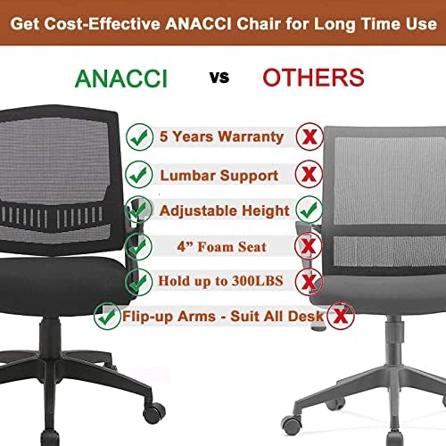 Офис стол ANACCI, Работно стол с 5-годишна гаранция, Компютърен стол със средна облегалка, ергономична облегалка и тапицирана седалка