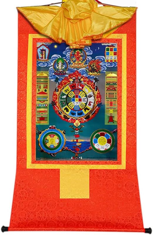 Гандханра СИПАХО (Защитно колелото на Тибетския календар, Тибетски Зодиак) Тибетски живопис Тханка, Будистка Брокат Тханка, Гоблен на Буда с Преобръщане