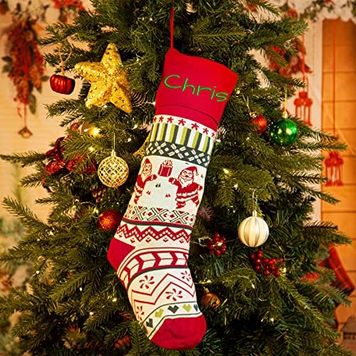 MOSTOP Персонализирани Коледни Чорапи, 23 Големи Лични Възли Коледни Чорапи с Елени и Снеговиком за Празнична Семейна Украса