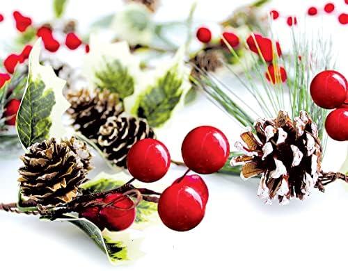 Зимна Венец, Коледна украса от Червени Плодове, борови Шишарки, Остролиста и Вечнозелени борови Иглички – Празничен Зрънце Декор,