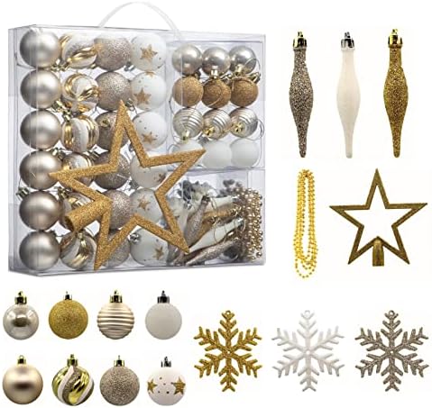 Декорация от коледни топки PEETEEPOE за Коледната елха, Сезонни Коледна украса с 1 златен блестяща Звезда на Дървото, Нечупливи Коледни топки от различни стилове, Бяло и