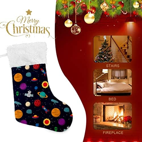 Коледни Чорапи Космически Звезди на Планетата, Вселената НЛО Ракети Бял Плюшен Маншет От Мерсеризованного Кадифе Семеен Празник