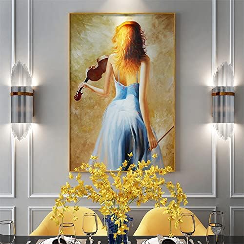 Ръчно Рисувани Вертикална Картина живопис - Абстрактна Статуетка на Цигулка Момичето На гърба си, Голям Размер, Входна Живопис с маслени Бои Върху платно, Съвремен?