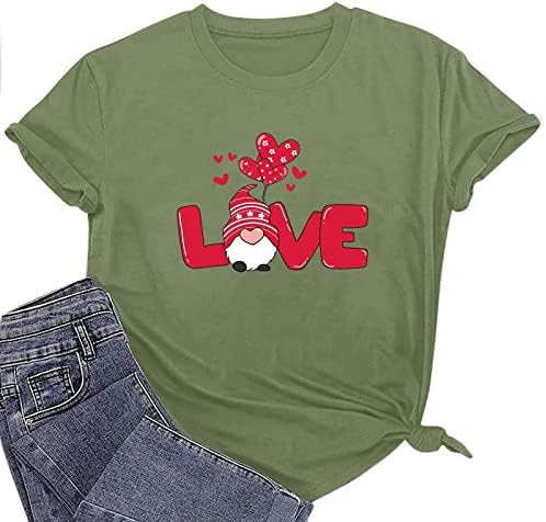 Тениска за Свети Валентин, Тениски с Надпис Love Heart, Дамски Розови Тениски с Принтом Джуджета, Сладка Туника с Къс Ръкав и кръгло