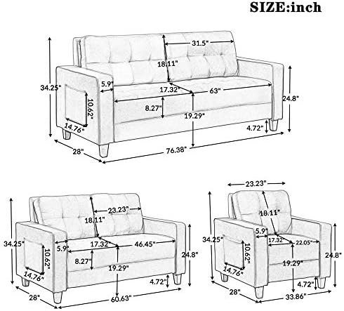 В Комплект мебели за хола EMKK влиза секционни диван с мека тапицерия от 2 теми, Триместен диван и диванчик, Стилен диван възглавници