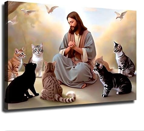 Исус Кристиан Бог заобиколена от Котки Ангели за Хора Обичат Котка Платно Арт Декор на Стената Рамка - Вярата на Християнския Бог Исус Плакат Платно Стена Изкуство?
