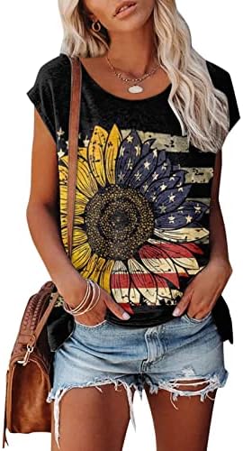 Дамски Потник за почивка с Къс Ръкав и Кръгло Деколте, Американски Флаг, Блузи с Цветен Модел Семки и Маргаритки, Блуза за Момичета 2023 19
