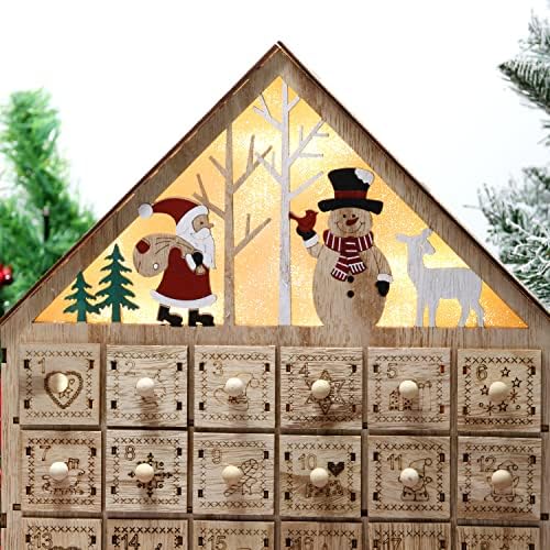 Коледен Адвент-Календар Kurala с 24 Отваряеми Чекмеджета с led осветление, Коледни Дървена Появата на Къща, Празничен Коледен Подарък, височина 13.5 инча
