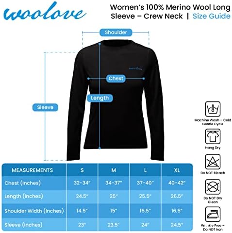 Основен слой от мериносова вълна Woolove Женска риза с кръгло деколте и дълъг ръкав – със Средна плътност, Устойчива към миризми, за студено време