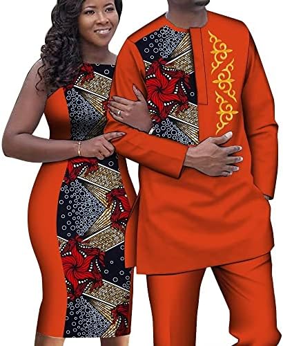 UOUNUT Африканска Двойка Екипировки Дамски Рокли Без ръкави и Дашики Мъжка Риза и Панталони Комплект Африканска Дрехи за Влюбени