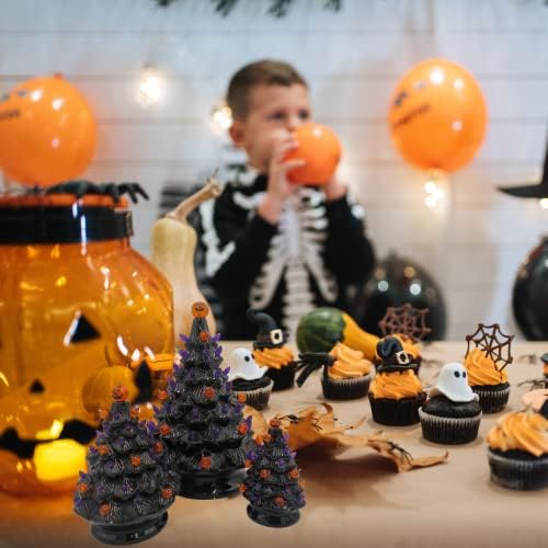 Комплект от 3 керамични дървета с подсветка на Хелоуин със Звуци и led, черни, лилави и оранжеви декорации