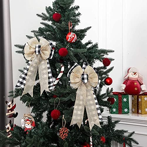 Syhood, 2 броя, Коледни Панделки в клетка от Бъфало, Празнични Декоративни Панделки, Двуслойни Венец от груб конопен плат, Панделки,