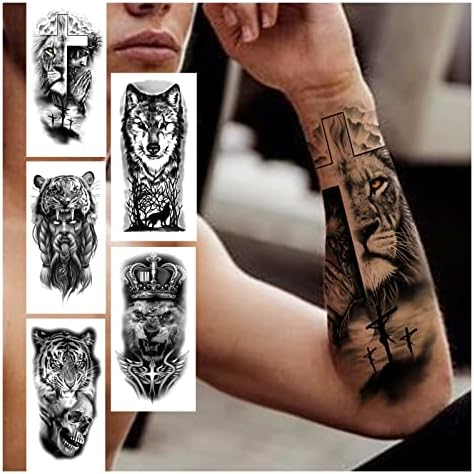 Временни татуировки XIANGBINXUAN, 6 бр., Временна татуировка във формата на Кръст и Лъв, за Жени, Мъже, Възрастни, Череп, Стикер
