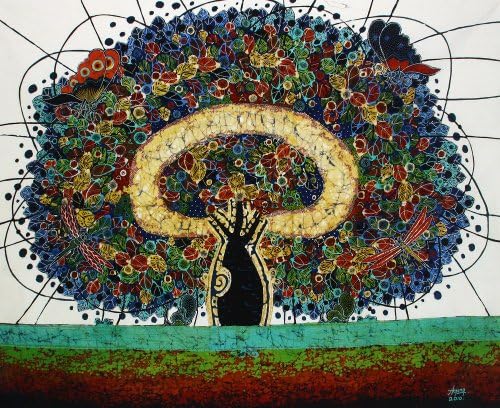 Оригинална художествена живопис Батик върху Памучна тъкан, Дървото на живота от Agung (90 см x 75 см)