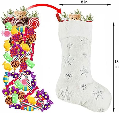 Бели коледни Чорапи, 3 серии, 18-цолови Плюшени Чорапи под формата на Снежинки (бродерия сребристи слива), Коледни Аксесоари
