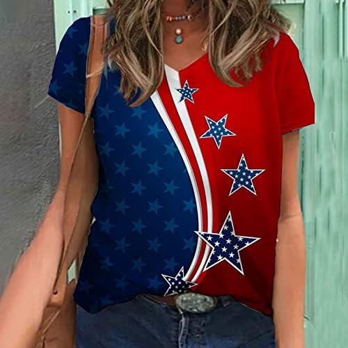 Дамски Памучен Блуза с V Образно Деколте и Образа на Американския Флаг и Звезди, Тениска за Късна Закуска, Дамски Есенно-Годишната