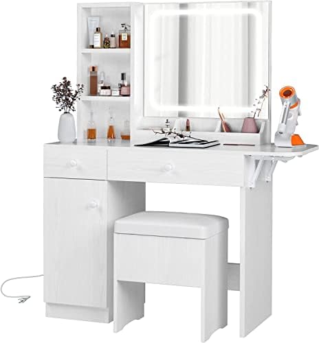 Тоалетка IRONCK с огледало с led осветление и електрически съединителя, масичка за грим с чекмеджета и да проверите, столче за съхранение, за спалня, бял