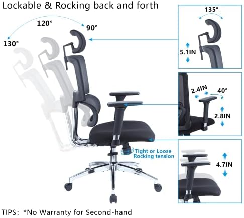 Ергономичен офис стол Ticova - Работно стол с висока облегалка, еластична лумбална опора и 3D Метален подлакътник - Компютърен стол с флип от окото на 130 градуса и възмож
