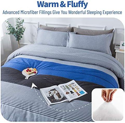 Комплект стеганого одеяла в ивицата Andency, в пълен размер (79x90 инча), 3 предмет, Сиво и синьо Стеганое одеяло райе в стил мозайка,