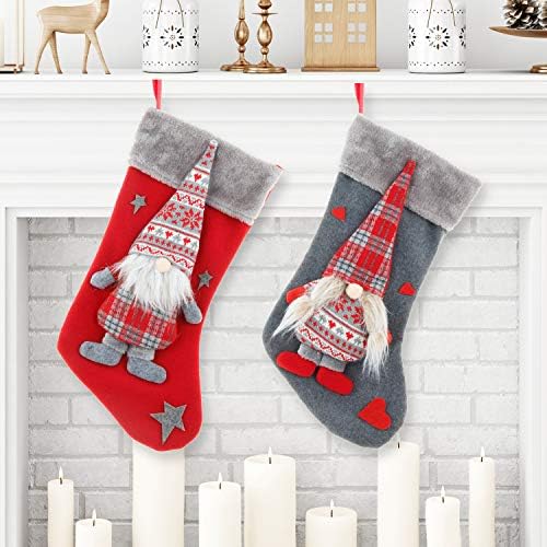 Adurself 2 Опаковки, Коледни Чорапи, 18,9 Tomte Джуджетата Големи Чорапи Червен Сив Блок на Дядо Коледа Подарък Чорапи с шоколадови Бонбони Коледна Украса Украса за Семейна