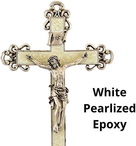 Бял Седеф Епоксидни Цвете Кръст-Разпятие с Оловянным Корпус Христос, 10 Инча