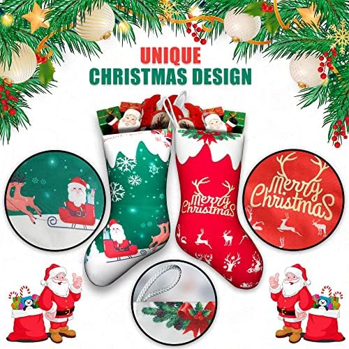 Коледни чорапи с регистрирани бирками -18Коледни чорапи с елени голям размер и украса на Дядо Коледа е Коледен декор - Красиви Зелени и червени чорапи в стил Дядо Кол