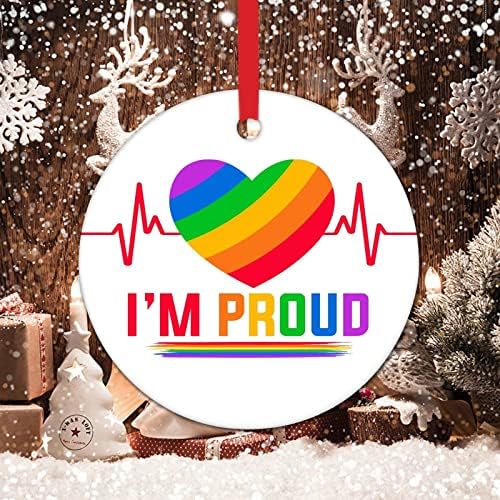 Аз съм Горд с Розови Сердцебиением Коледна Украса ЛГБТ Забавен Коледен Окачен Декор Пансексуал Трансгендер ЛГБТК Гей Преливащи се цветове Кръгли Керамични Коледн