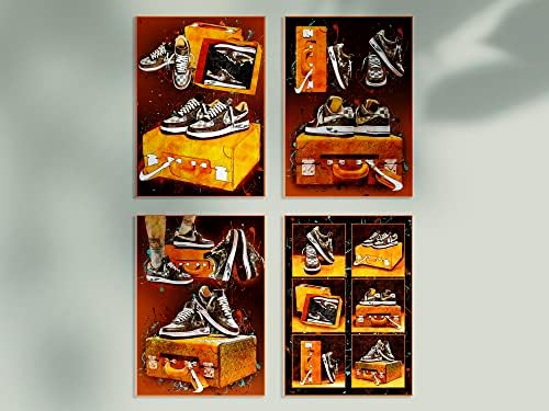Щампи на плакати Подлец Air Jordan в стената, Комплект от 4 № 1, Спортен плакат с изображение на обувки, Тематично Стенно изкуство За стая за момчета-фенове на баскетбола,