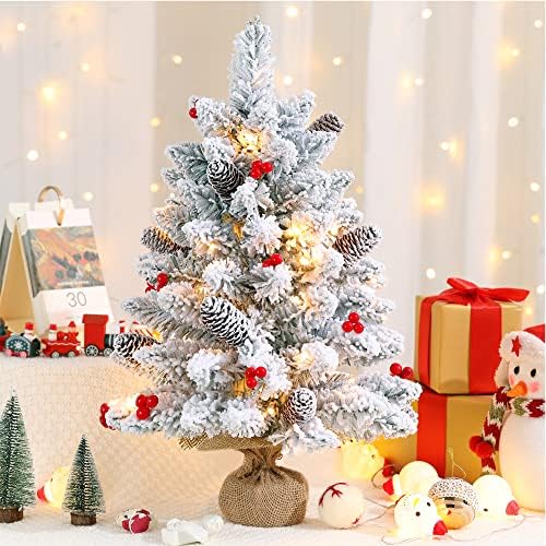 Stcomart 24-Инчов Малко Коледно дърво със светлини, Предварително осветени Мини-Настолна Коледно дърво, Бял