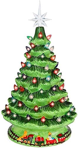 Joiedomi 15 Настолна Керамични Коледно Дърво с Влак, Предсвеченная Коледна Елха с Повече Жълтата Звездичка и Крушки за най-добра украса на масата
