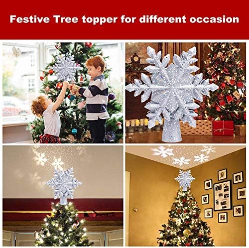Topper за Коледната елха, Запалена проектор с Бели Снежинками, Led Въртящата Снежинка, 3D Блестящ Topper за Снежинки с Подсветка