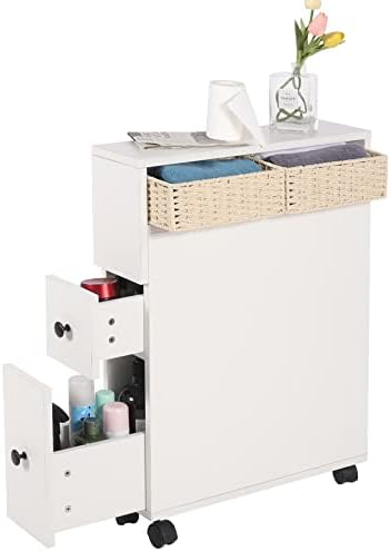 Произведено Тънък шкаф за съхранение в банята ALBOMI с 2 чекмеджета, свободно стояща Тесен Страничен рафт за съхранение на Запирающихся колела, Компактен Ъглов държач