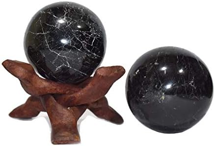 Healings4u Обхват Черен Турмалин Размер на 2-2,5 инча и Една Дървена Поставка за Света Натурален Кристална Топка Обхват на Изцеление