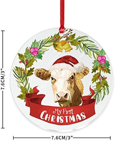 Моят 1-ия Коледен Прозрачен Кръг Акрилни Коледа Коледа Орнамент Ферма с фермата на животните е Животно, една Крава Висящи Украси