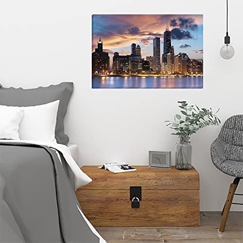 Специални Плакати Chicago Night Skyline Платно, Стенно изкуство - Големи 16 x 24